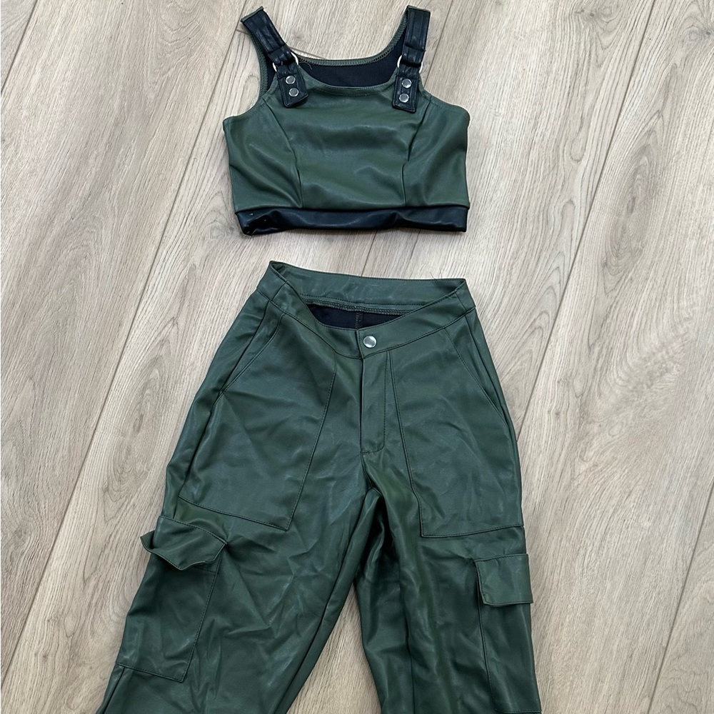Weissman Elite faux leather crop top and jogger pants (Olive) Intermediate Child